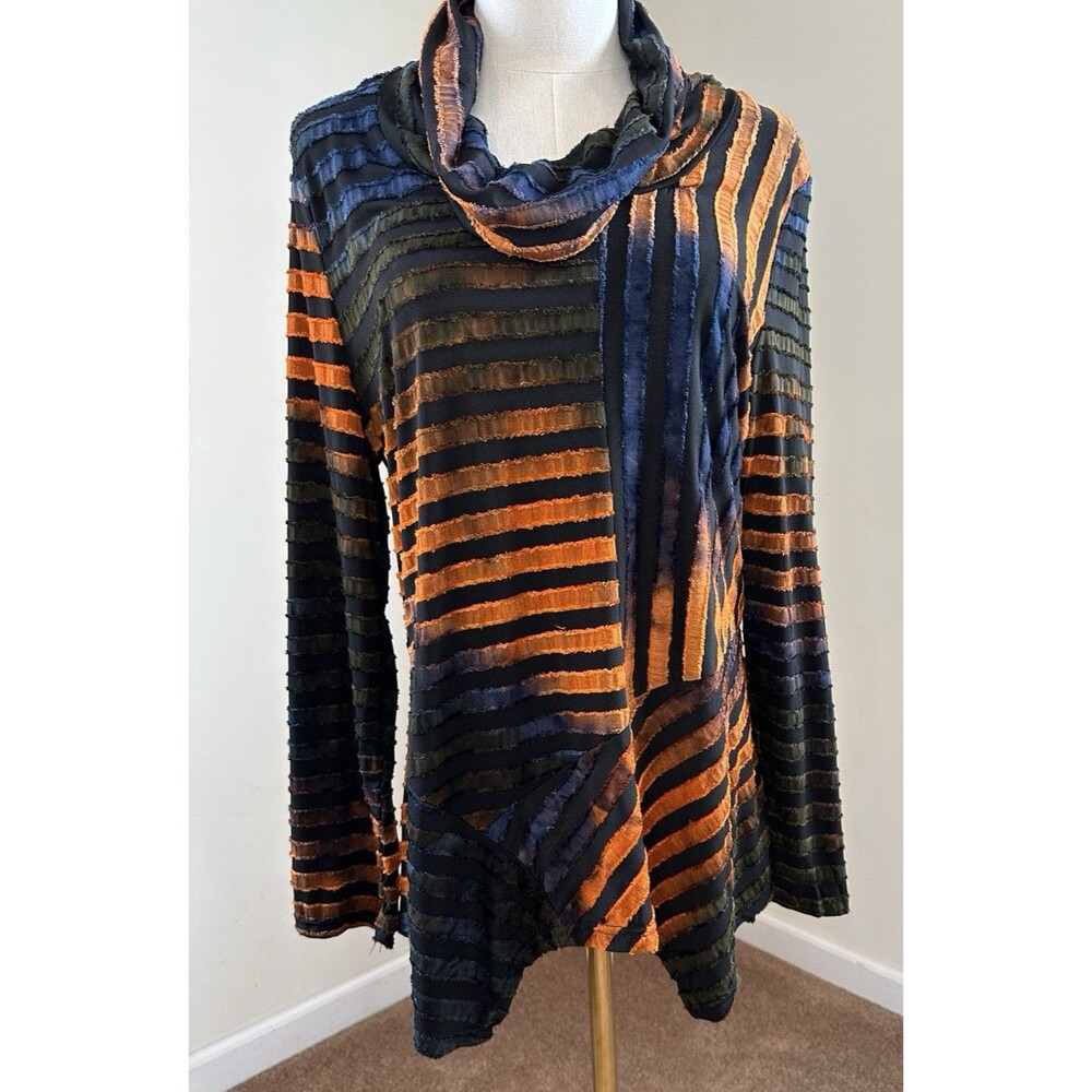 Feratelli Cowl Neck Asymmetric Tunic Size Large Multicolor Art to Wear Stretch